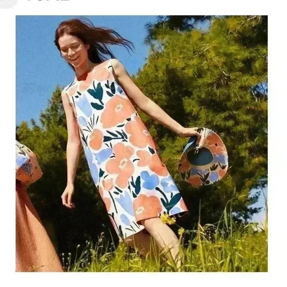 Marimekko Floral Dress in Blue, Orange, and White